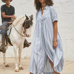 Free People Blue and White Rodeo Midi Dress Size S/P